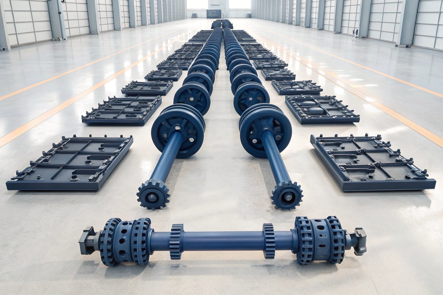 Industrial Drive Shaft and Axle Assembly | Factory Production Line | Heavy-duty Engineering Components Array of blue industrial drive shafts and axles in a factory assembly line.