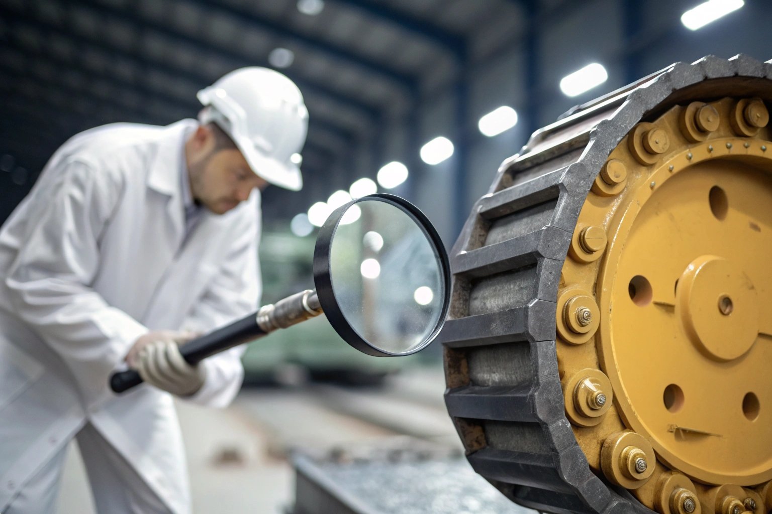 Machine Inspection Engineer inspecting machinery with magnifying glass in a factory setting.