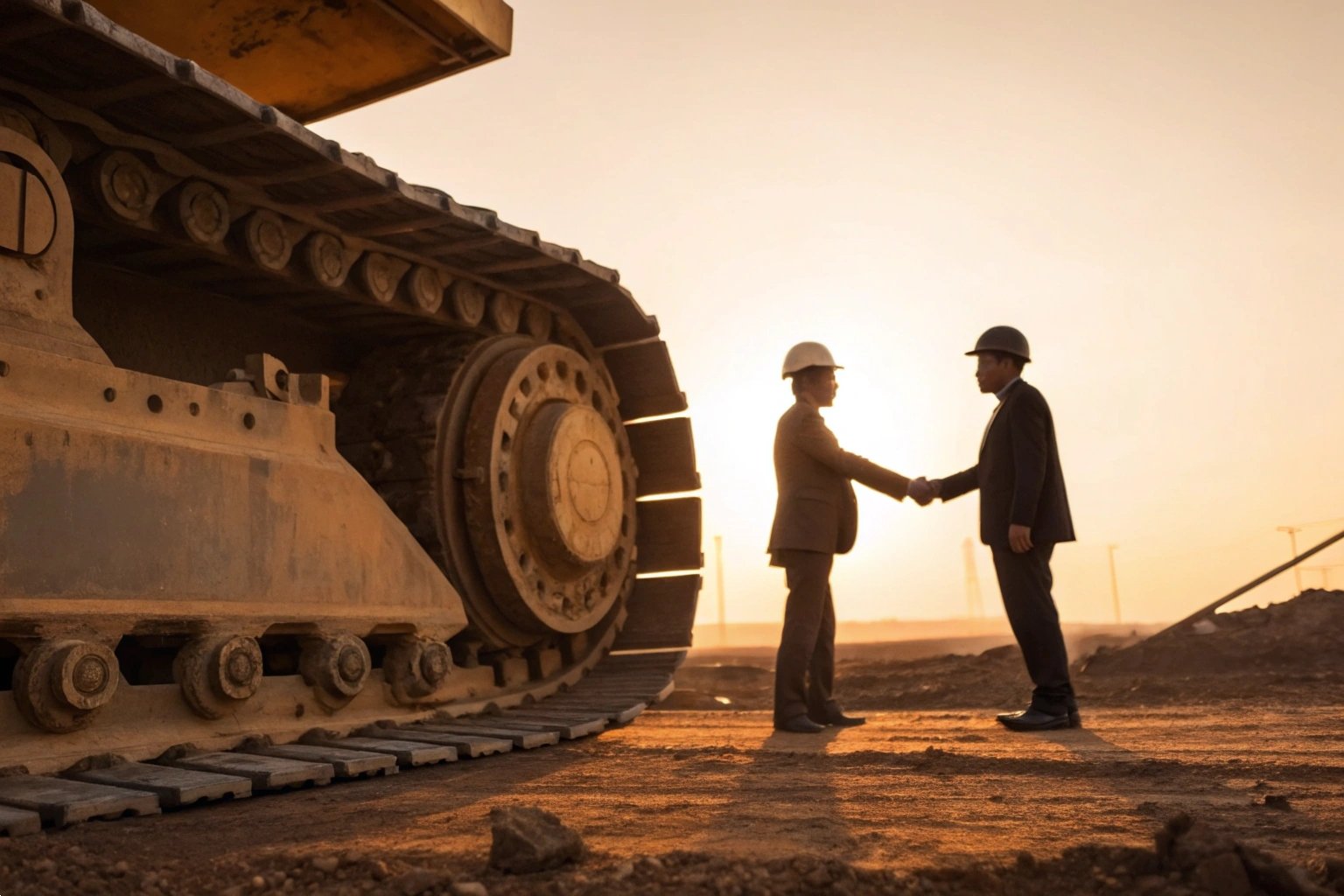 Construction Deal Two professionals shaking hands near a large caterpillar track during sunset.