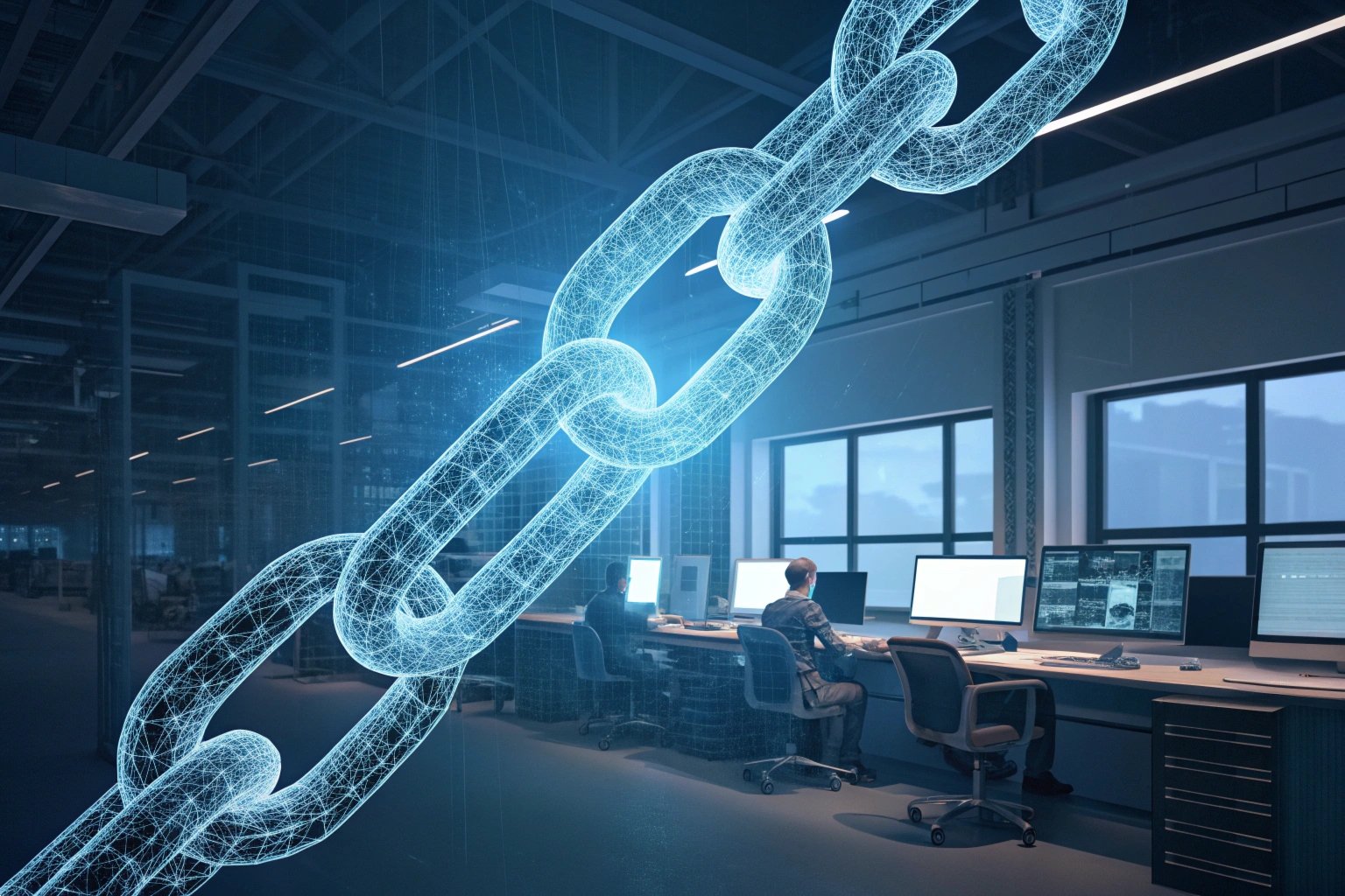 Tech Integration Digital chain overlay on computer-based workspace, linking technology.