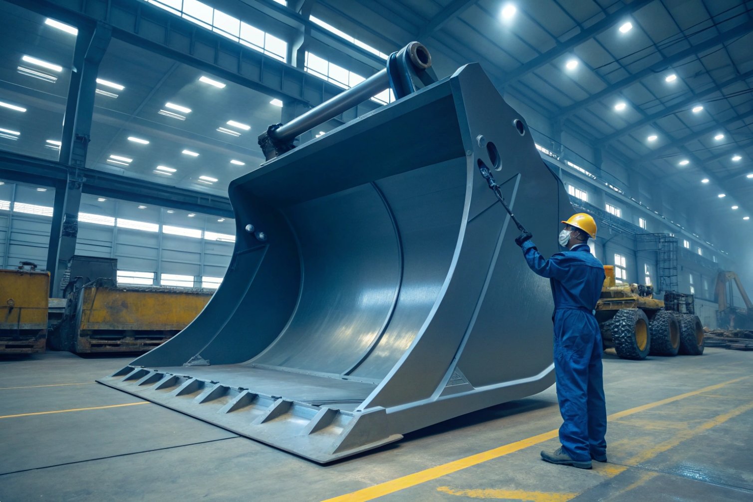 Inspection process Engineer inspecting large excavator bucket in factory environment.