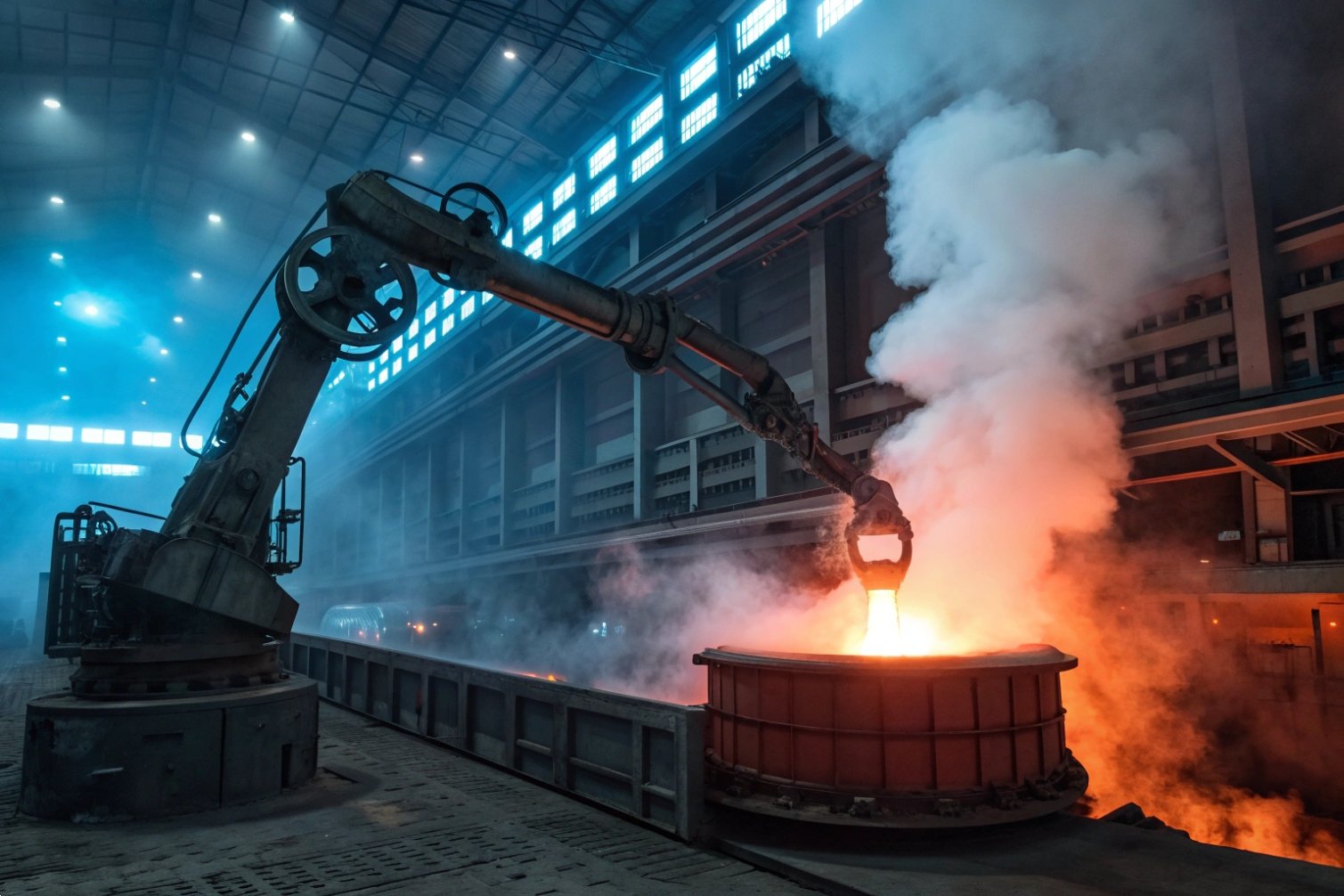 Automated steel production Industrial robotics handling molten metal, showcasing automation in steel production.