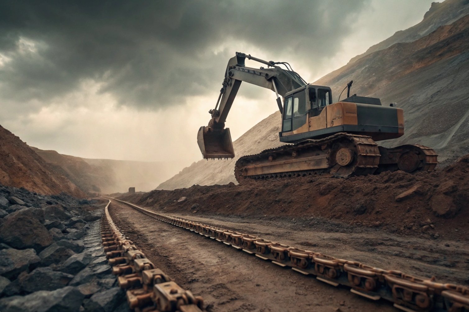 Mining operation Excavator operating in mine under cloudy sky.