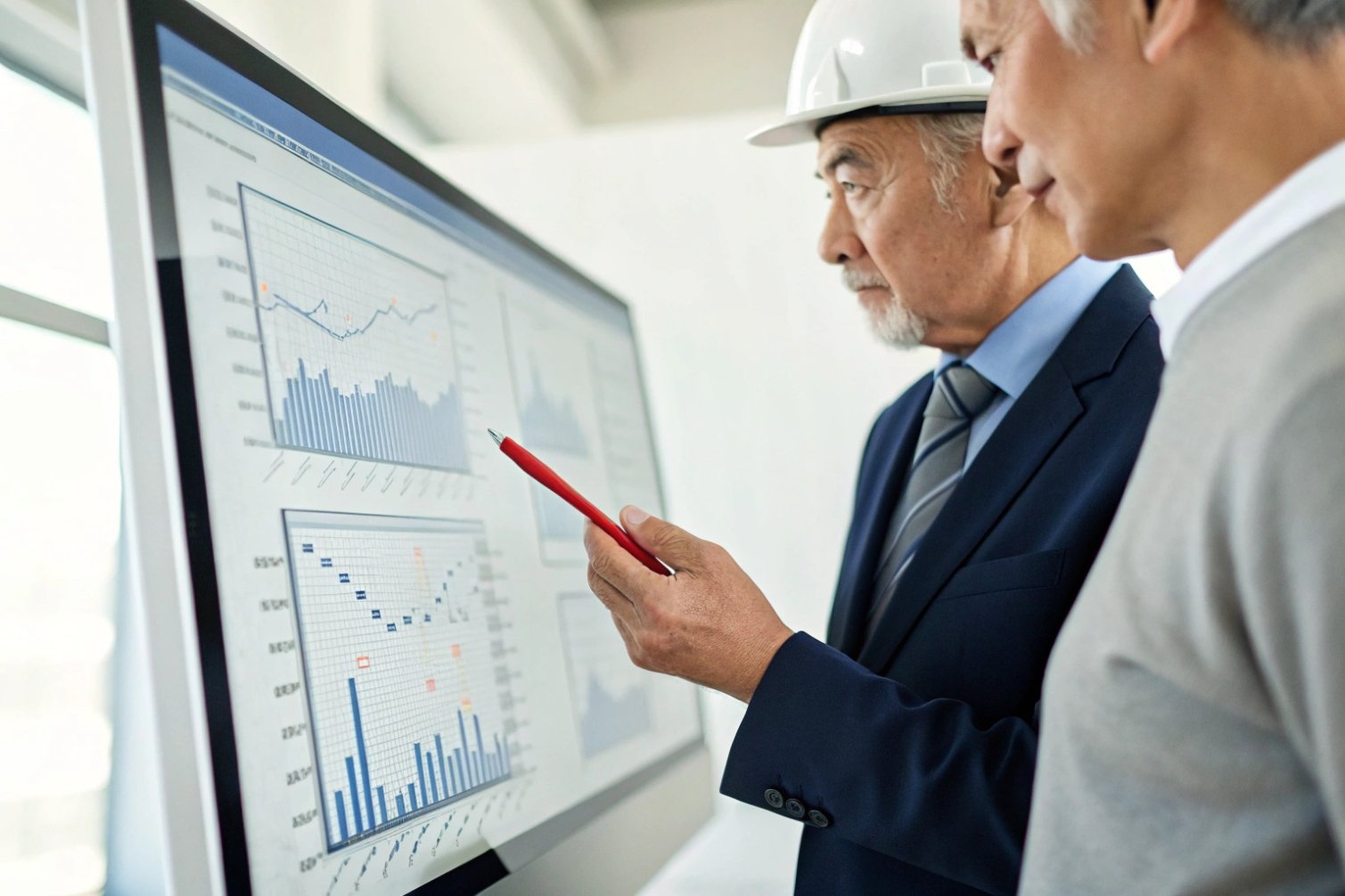 Data analysis Business professionals reviewing statistical graphs on large screen.