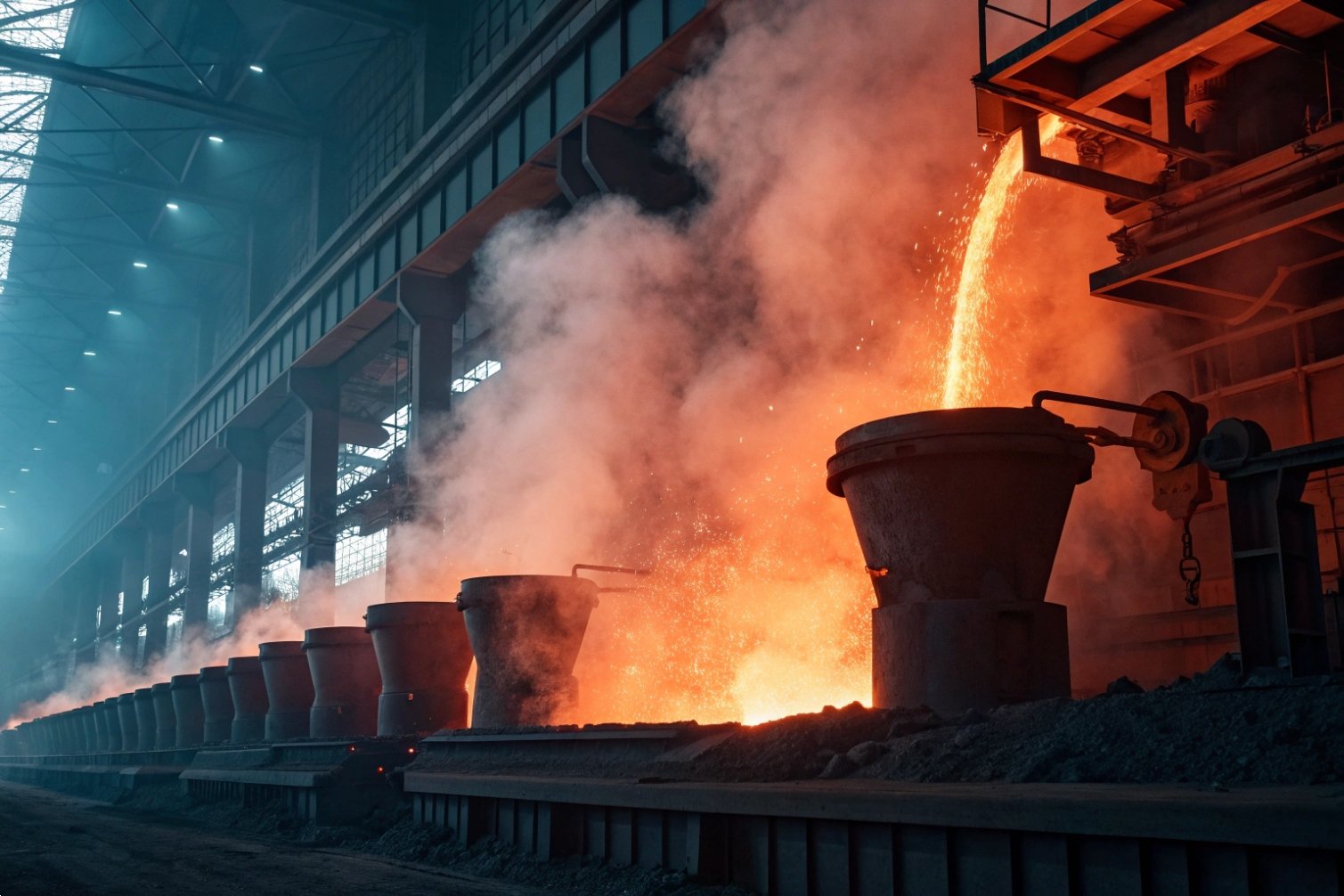 Steel melting Molten steel pouring in a factory setting.