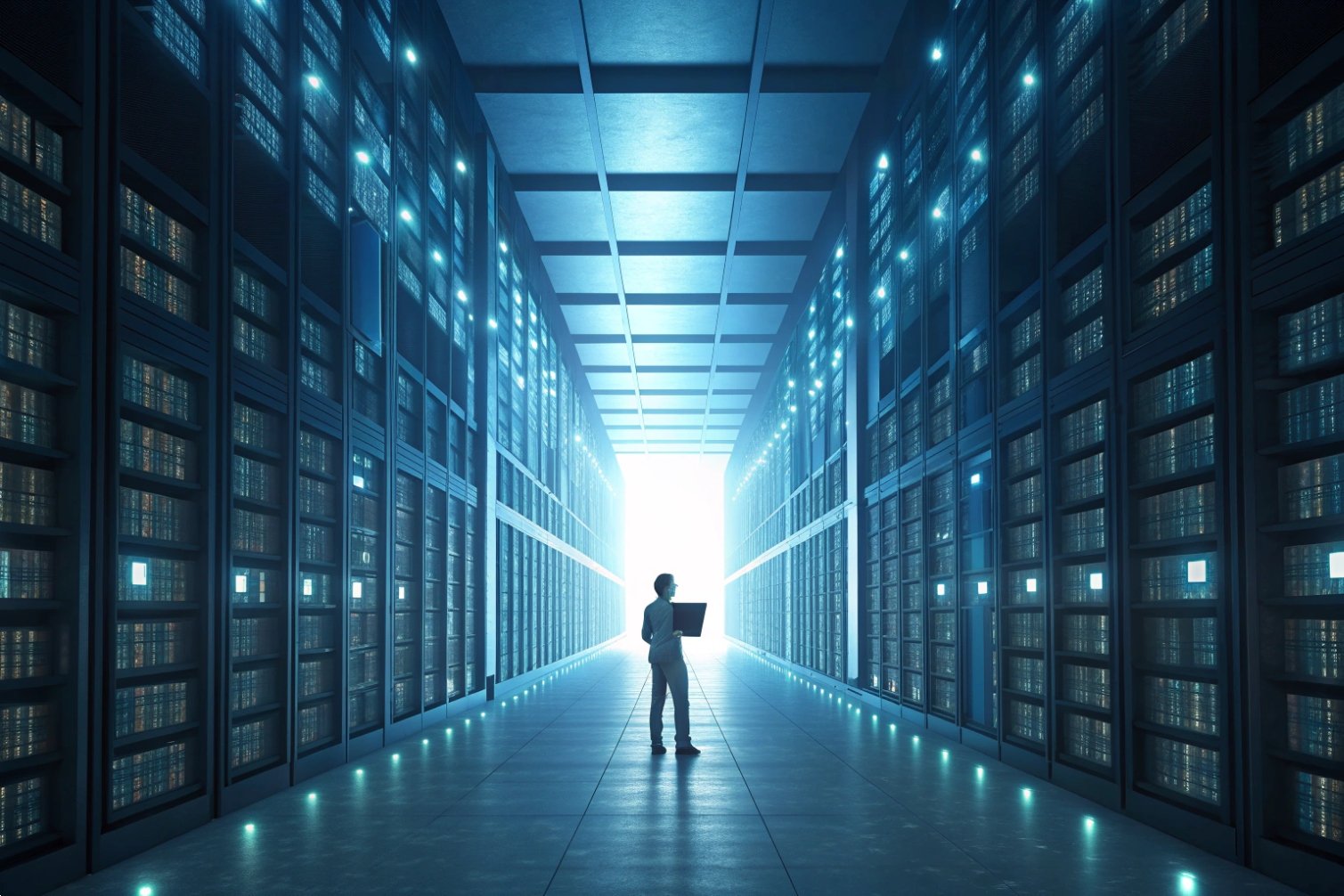Data Center Person standing amidst illuminated server racks