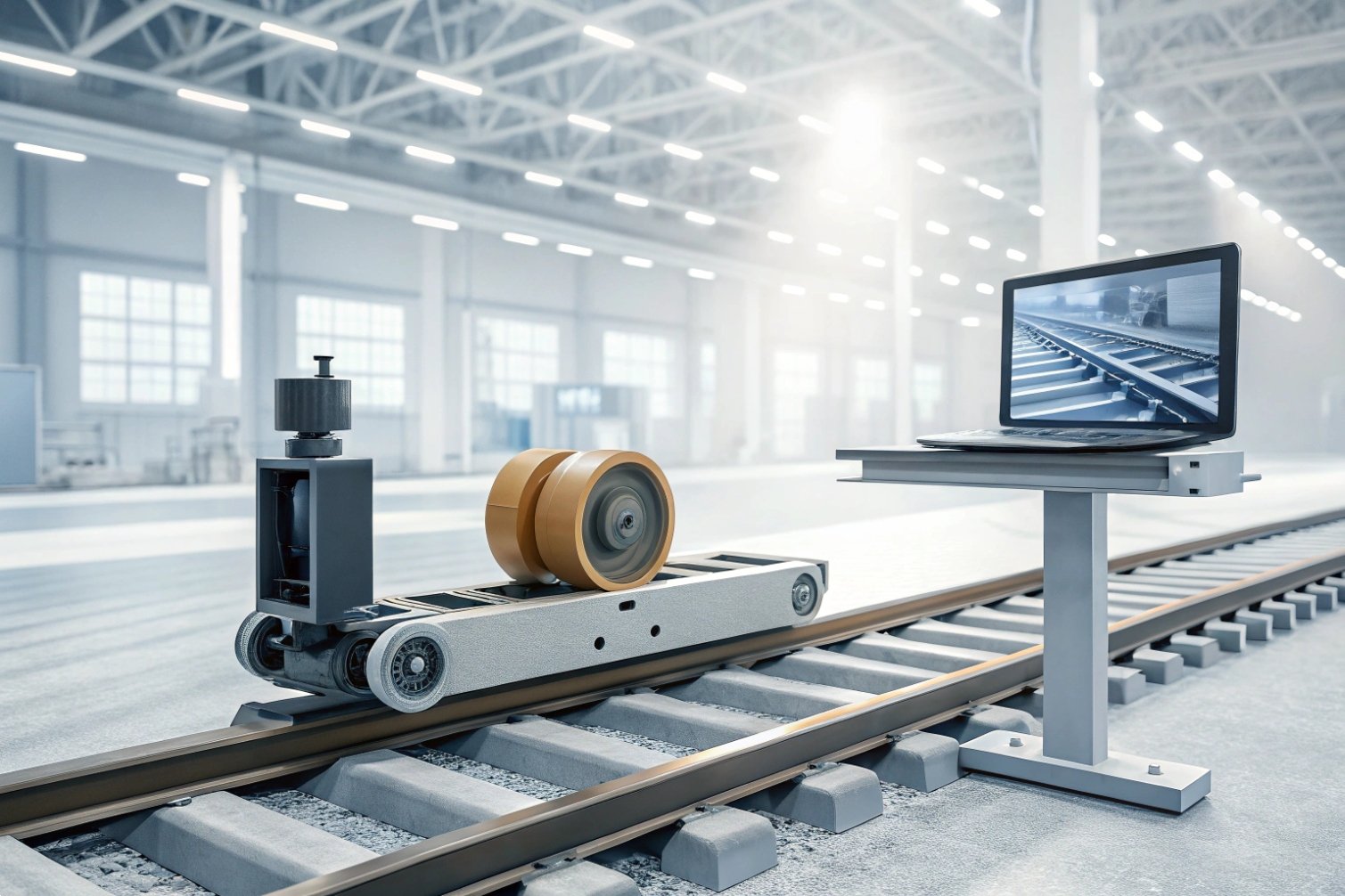 Track testing tech Rail track testing with advanced equipment, computer monitor displaying track image. Industrial setting.