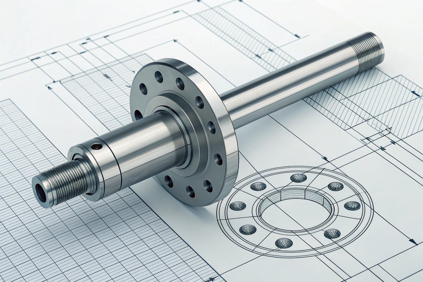 Machined industrial shaft blueprint Precision machined steel shaft with flange and threads on a technical blueprint