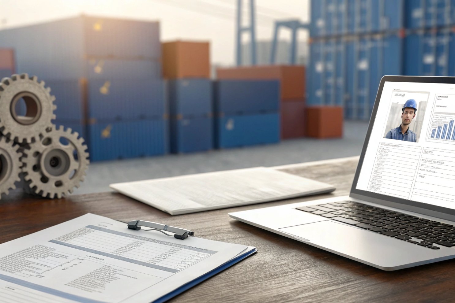 Logistics management and shipping Laptop with logistics report and paperwork on desk with shipping containers background