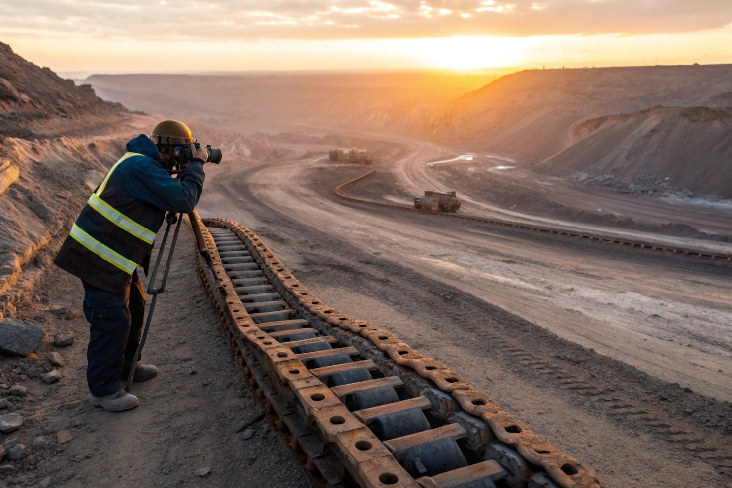 Mining Site Photography An industrial photographer capturing a sunset over a large-scale open-pit mining operation.