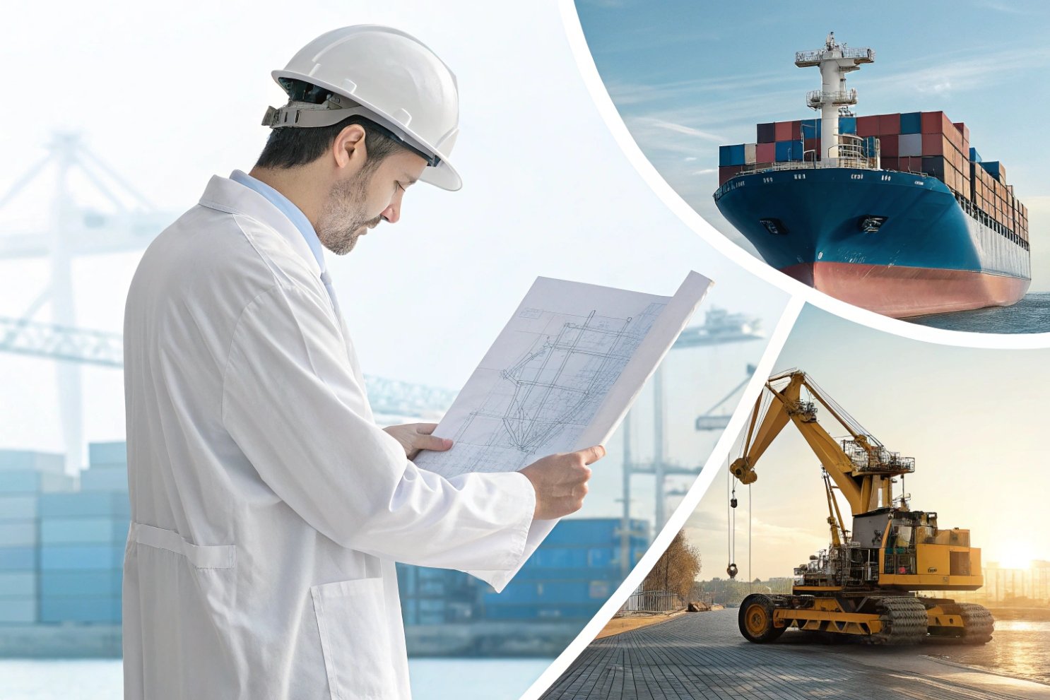 Logistics Engineering Design An engineer in a white lab coat reviewing technical blueprints for maritime logistics.