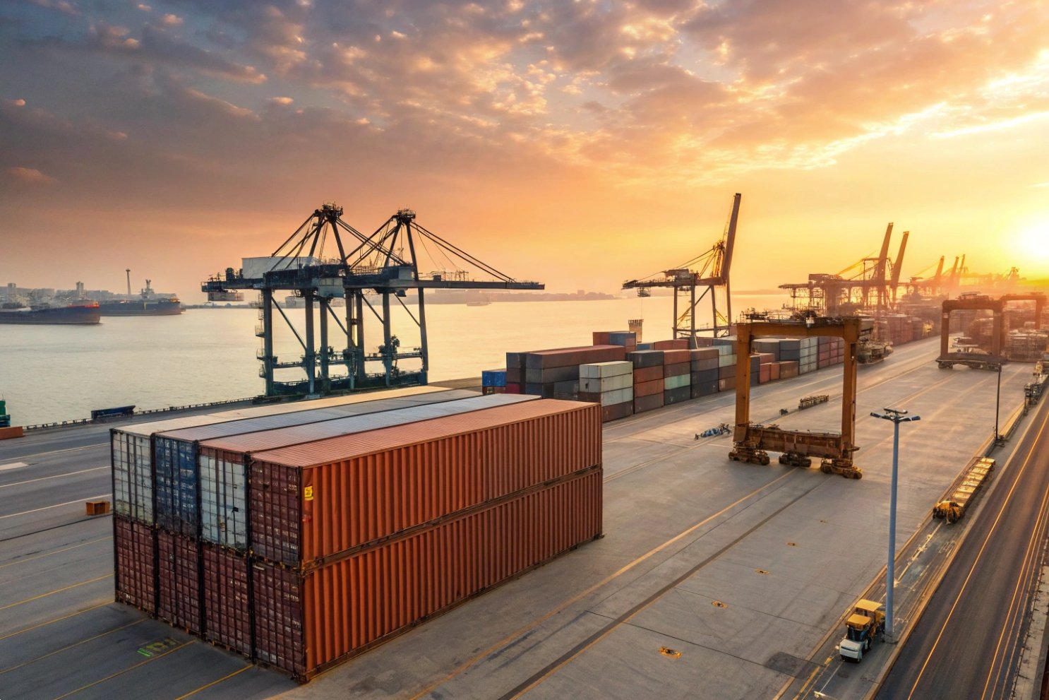 Global Logistics Port Terminal Industrial cargo port terminal at sunset with shipping containers and heavy lifting cranes.