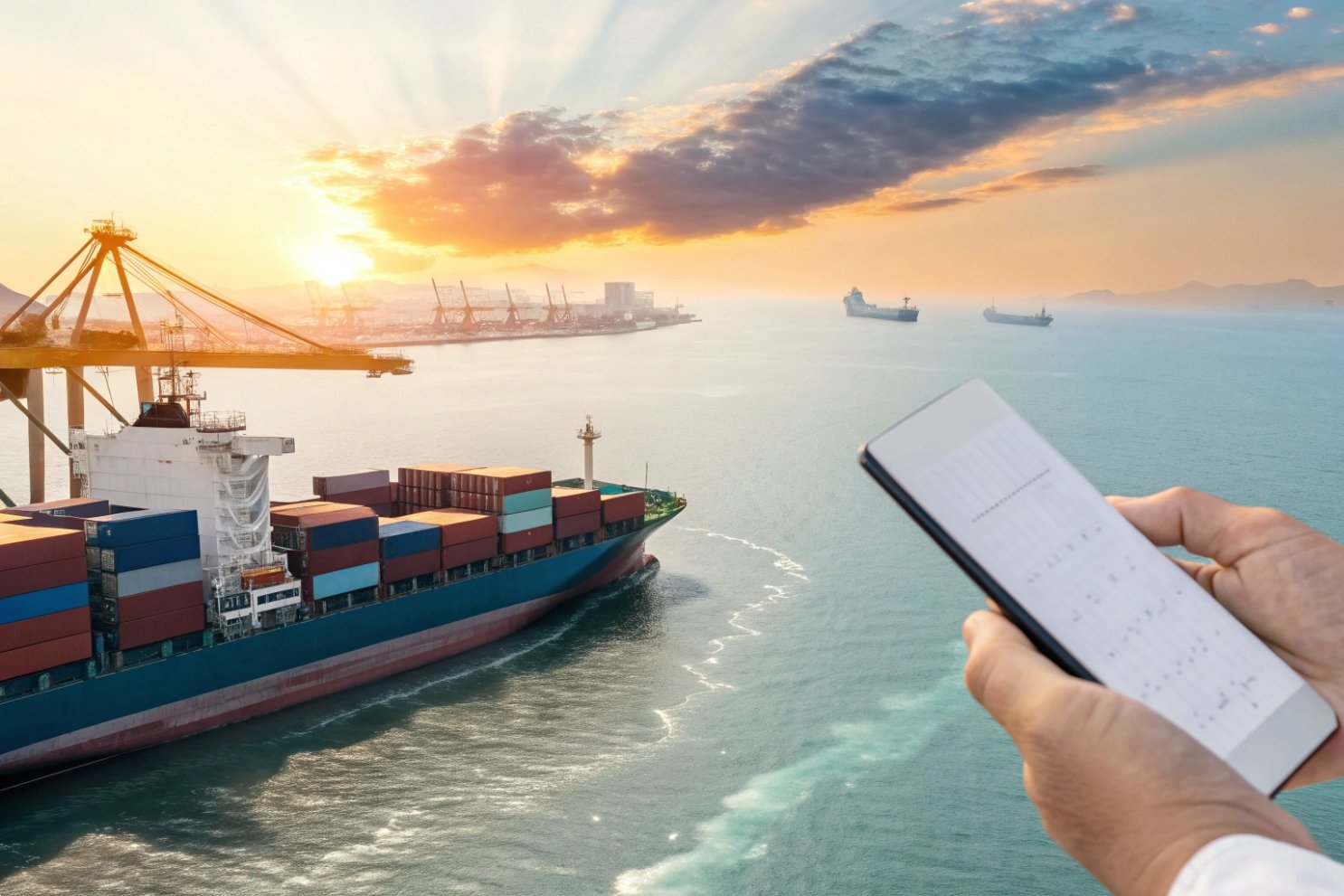 Smart Maritime Logistics Technology Smart logistics concept featuring a container ship at sea controlled by a mobile smartphone app.