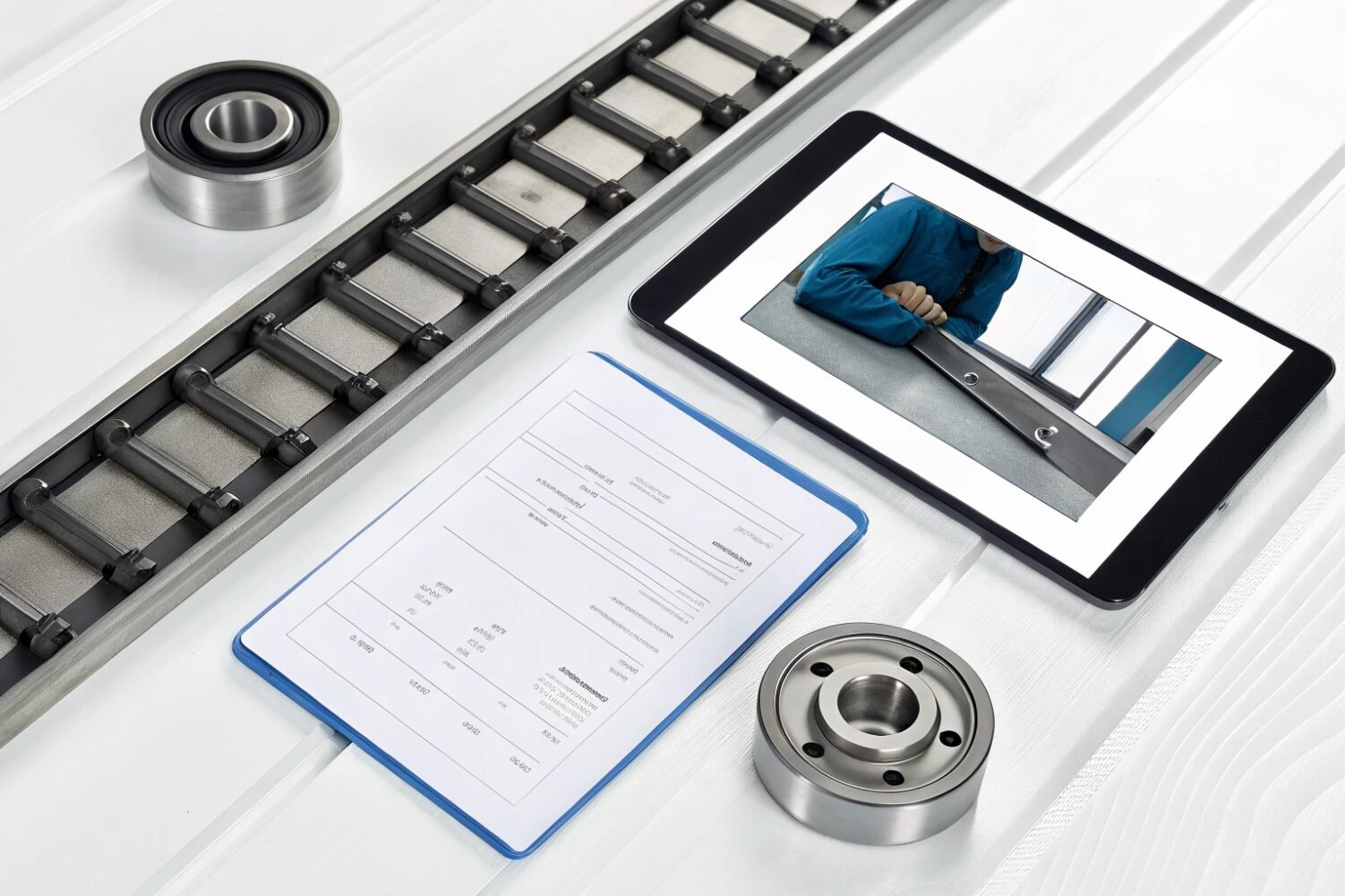 Machine Spare Parts Inspection Industrial bearings and crawler parts with digital tablet and quality report