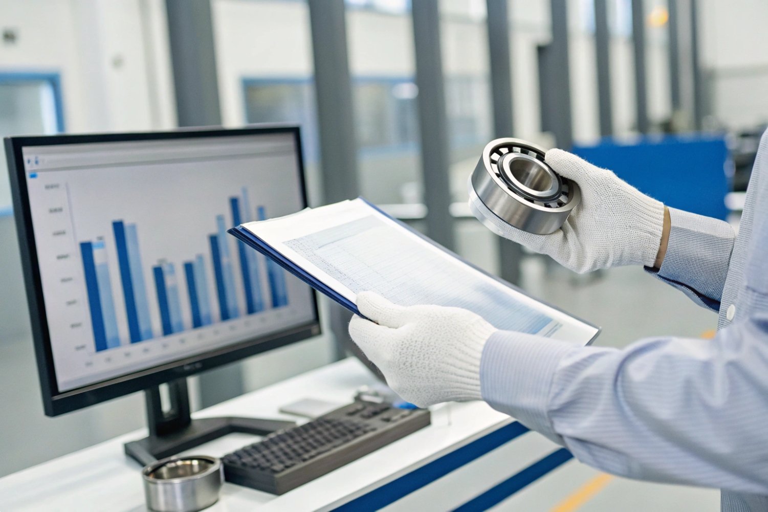 Bearing Quality Inspection Quality control inspector holding a precision metal bearing near data charts.