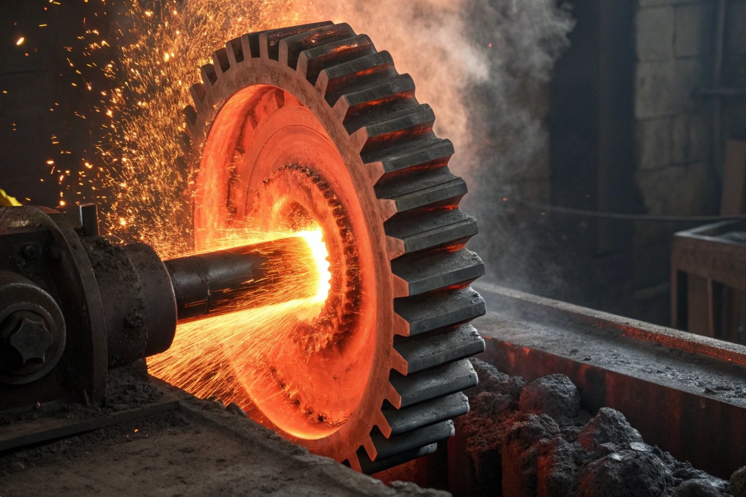 Heavy Duty Gear Manufacturing Industrial large gear manufacturing process with intense sparks during metal heat treatment.
