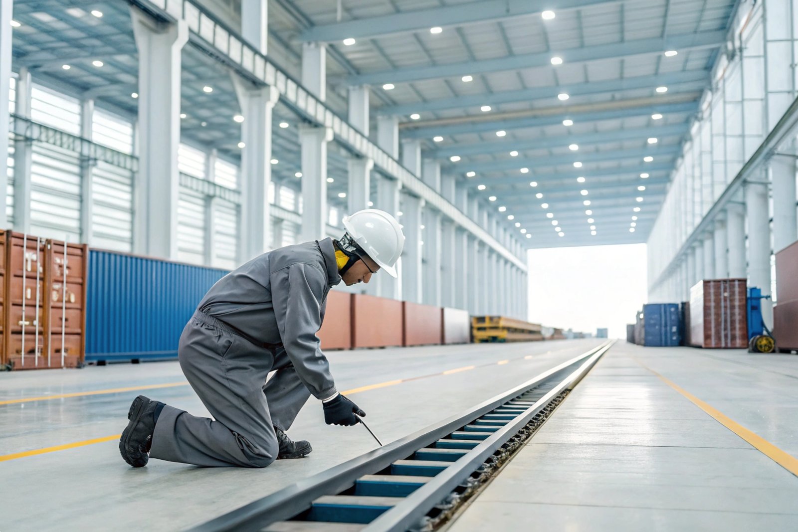 Industrial Track Maintenance Inspection Maintenance engineer inspecting heavy-duty crawler tracks in a large industrial warehouse facility.