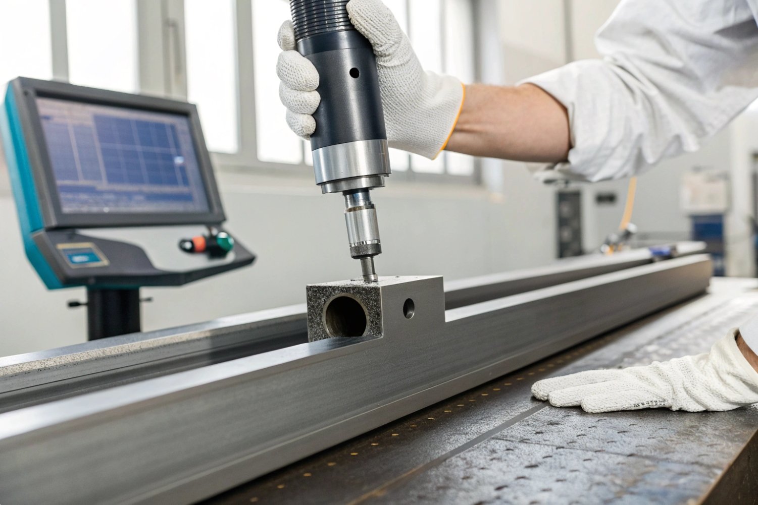 Precision Quality Control Testing Technician using high-precision measuring tool for quality control on industrial metal components