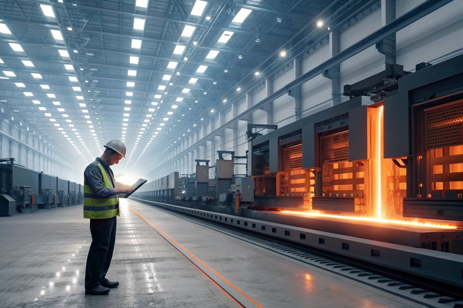 Automated Steel Casting Process Engineer in safety gear monitoring automated molten metal casting process in a large-scale steel mill