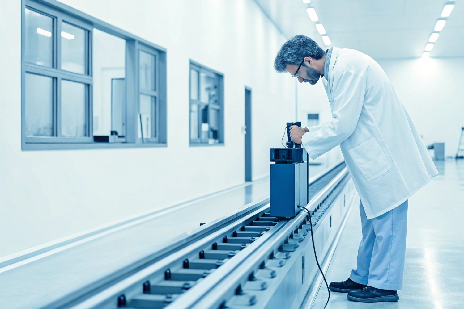 Precision Industrial Quality Inspection Researcher in a lab coat performing precision quality inspection on industrial equipment components