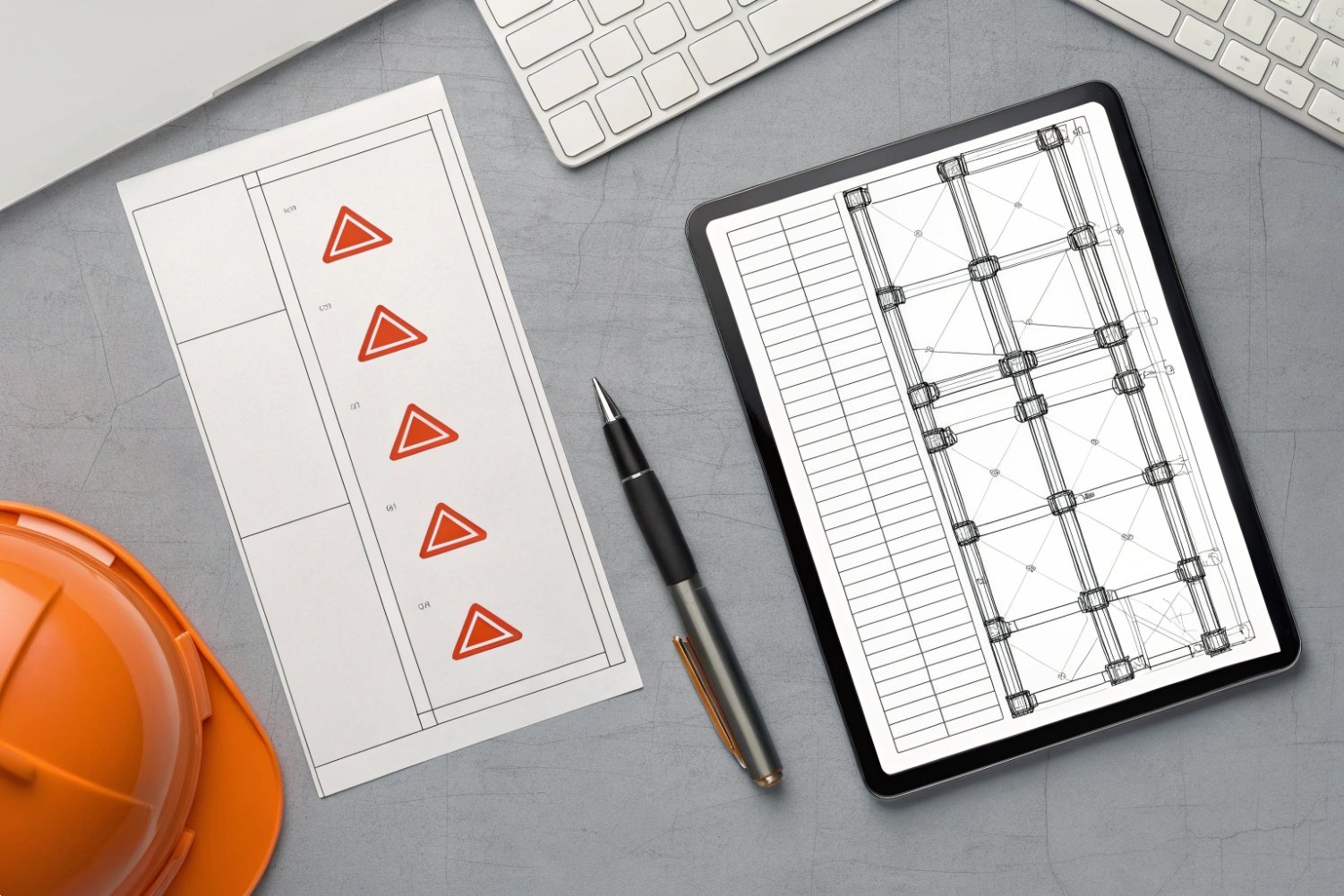 Structural Engineering Design Tools Engineering workspace with structural blueprints, tablet, and orange safety helmet on desk