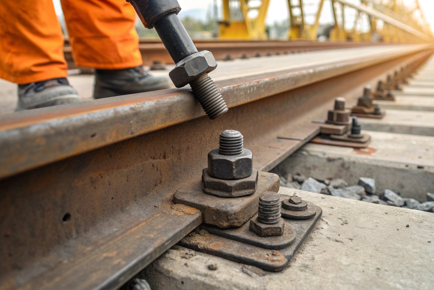 Railway Track Fastening System Close-up of industrial bolt fastening system being installed on heavy-duty railway steel tracks