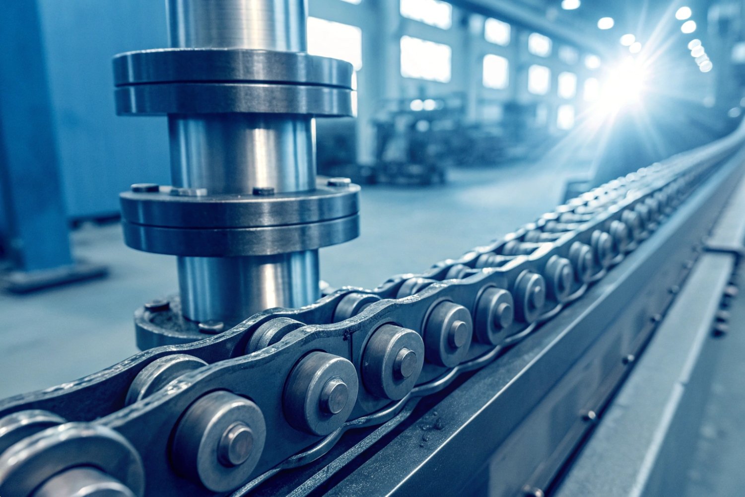 Industrial Conveyor Chain System Heavy-duty industrial conveyor chain moving through a modern manufacturing plant with bright lighting