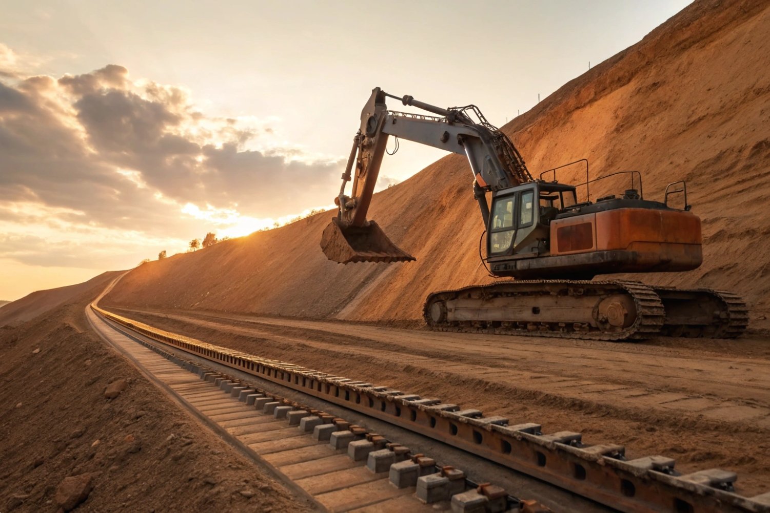 Construction Excavator Earthmoving Work Large industrial excavator operating on a major earthmoving construction project at sunset.