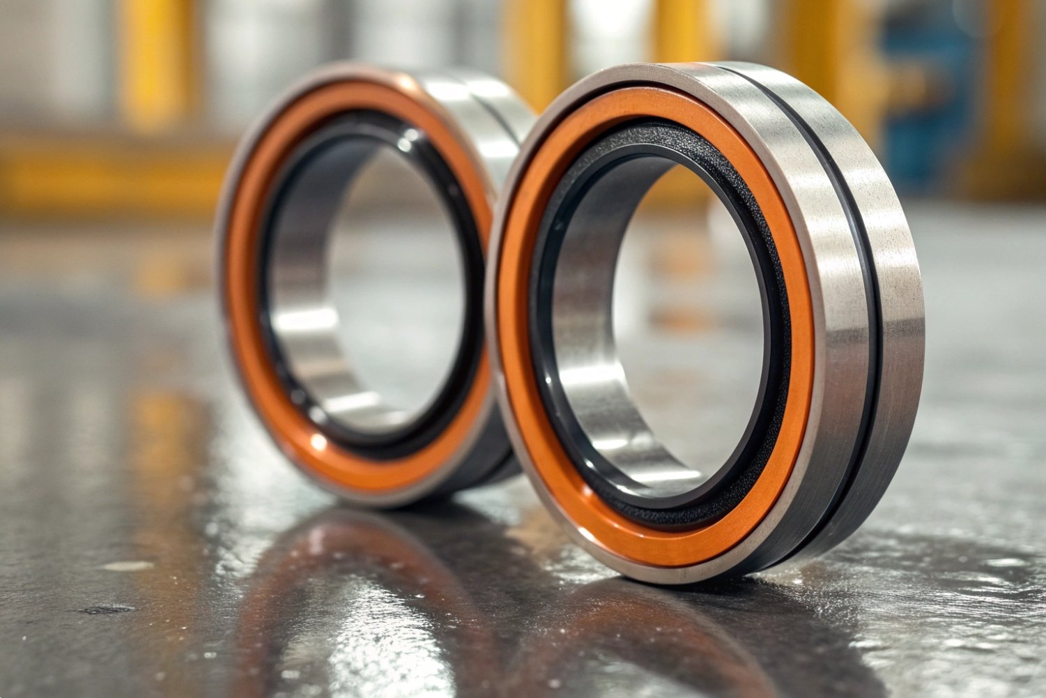 Precision Ball Bearings Two precision steel ball bearings with orange rubber seals on a reflective floor.
