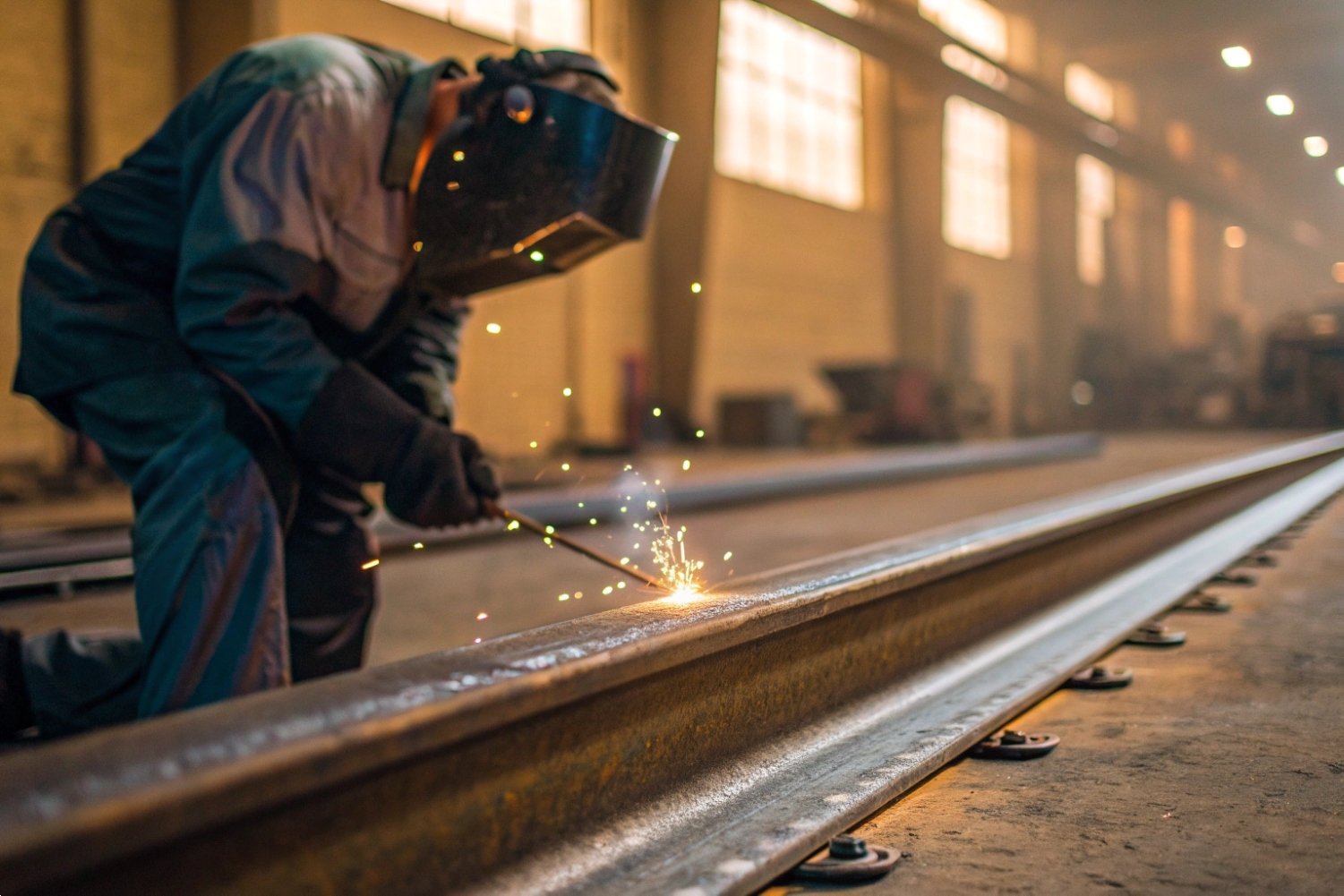 Professional Steel Rail Welding Industrial worker in protective gear welding a heavy steel rail in a manufacturing plant.