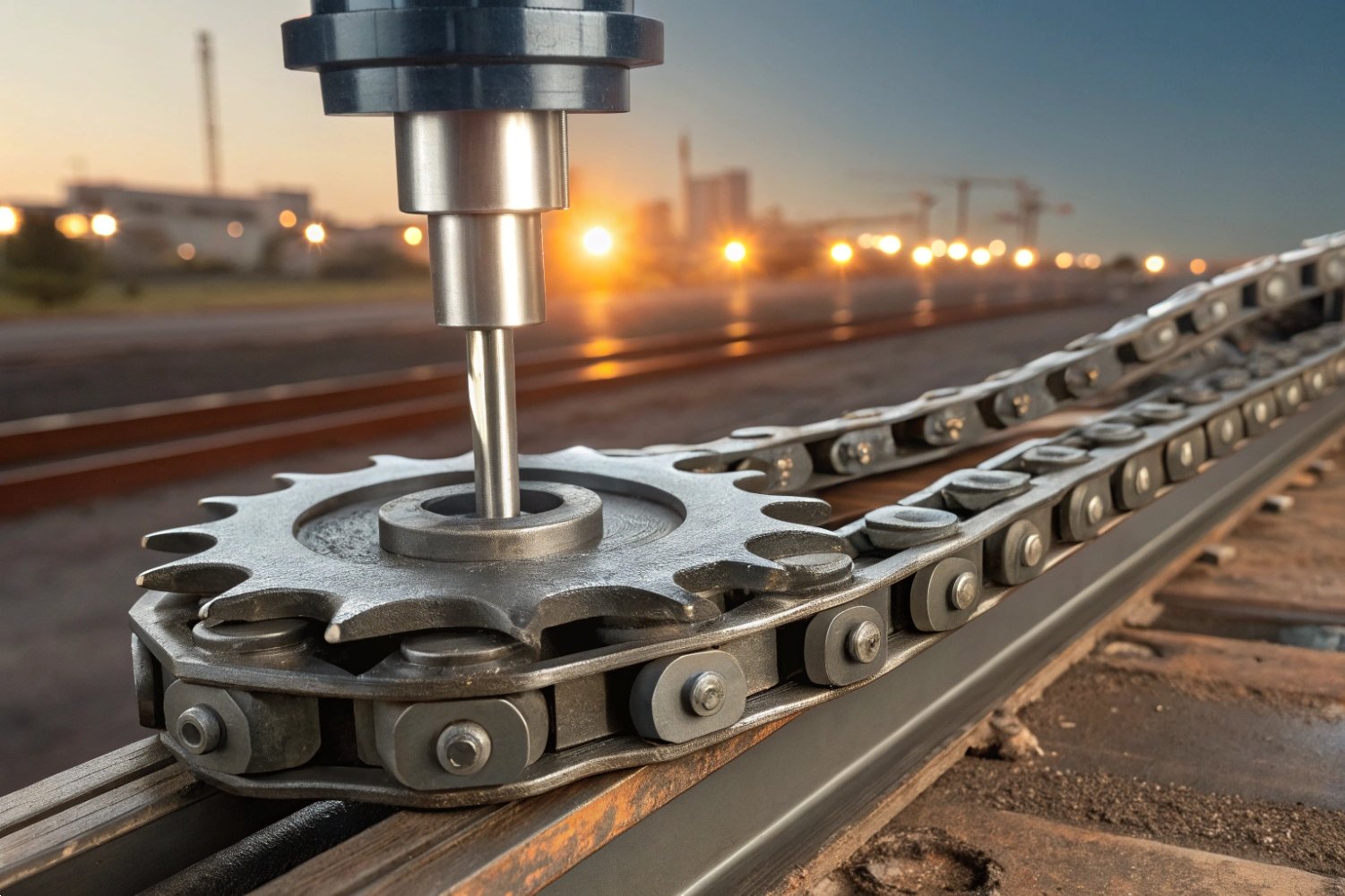 Precision Gear CNC Machining High-precision CNC machine drilling a metal gear sprocket attached to a heavy industrial chain.