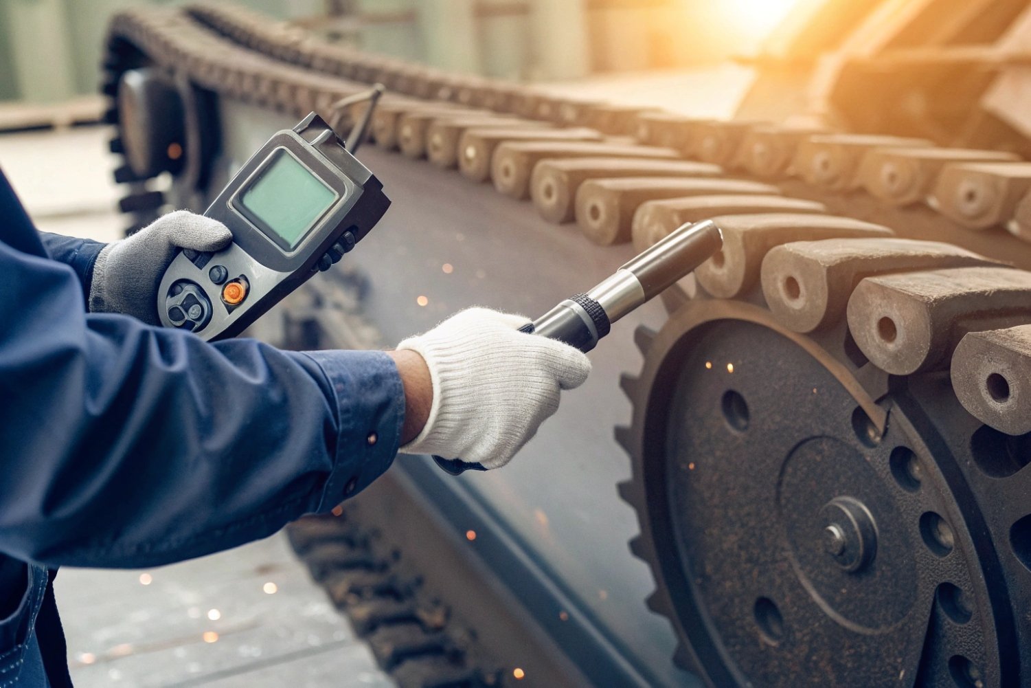 Non-Destructive Industrial Testing Technician using a handheld ultrasonic flaw detector to inspect industrial machine tracks for cracks.