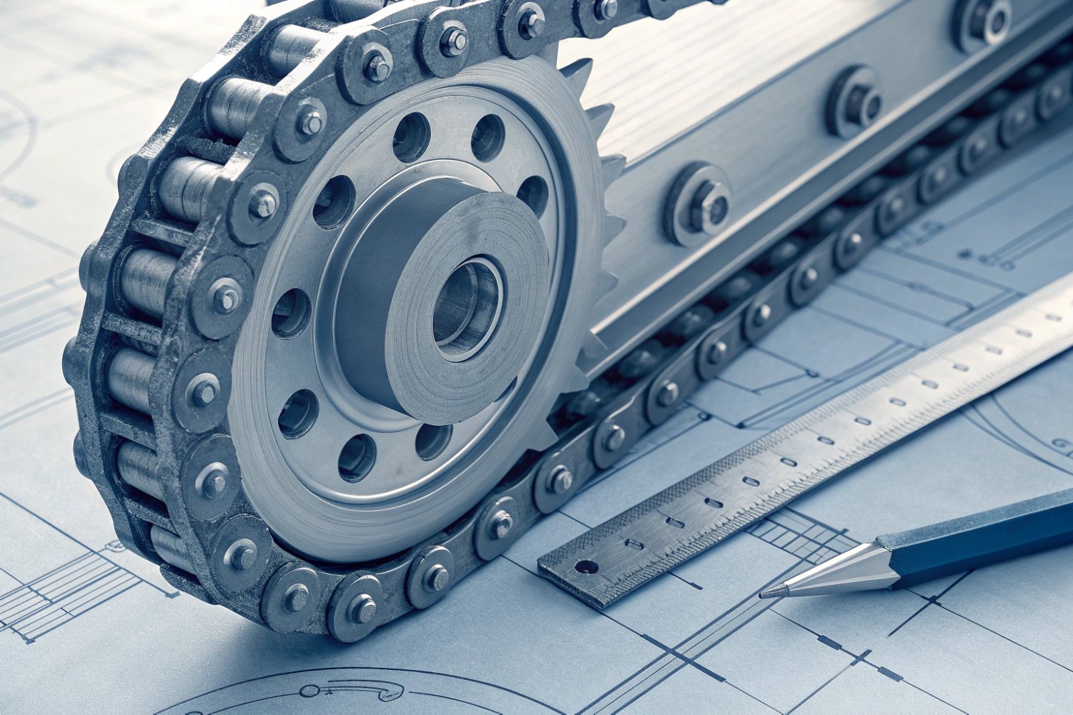 Mechanical Engineering Blueprint Design Close-up technical drawing of an industrial chain drive and sprocket on a blue blueprint.