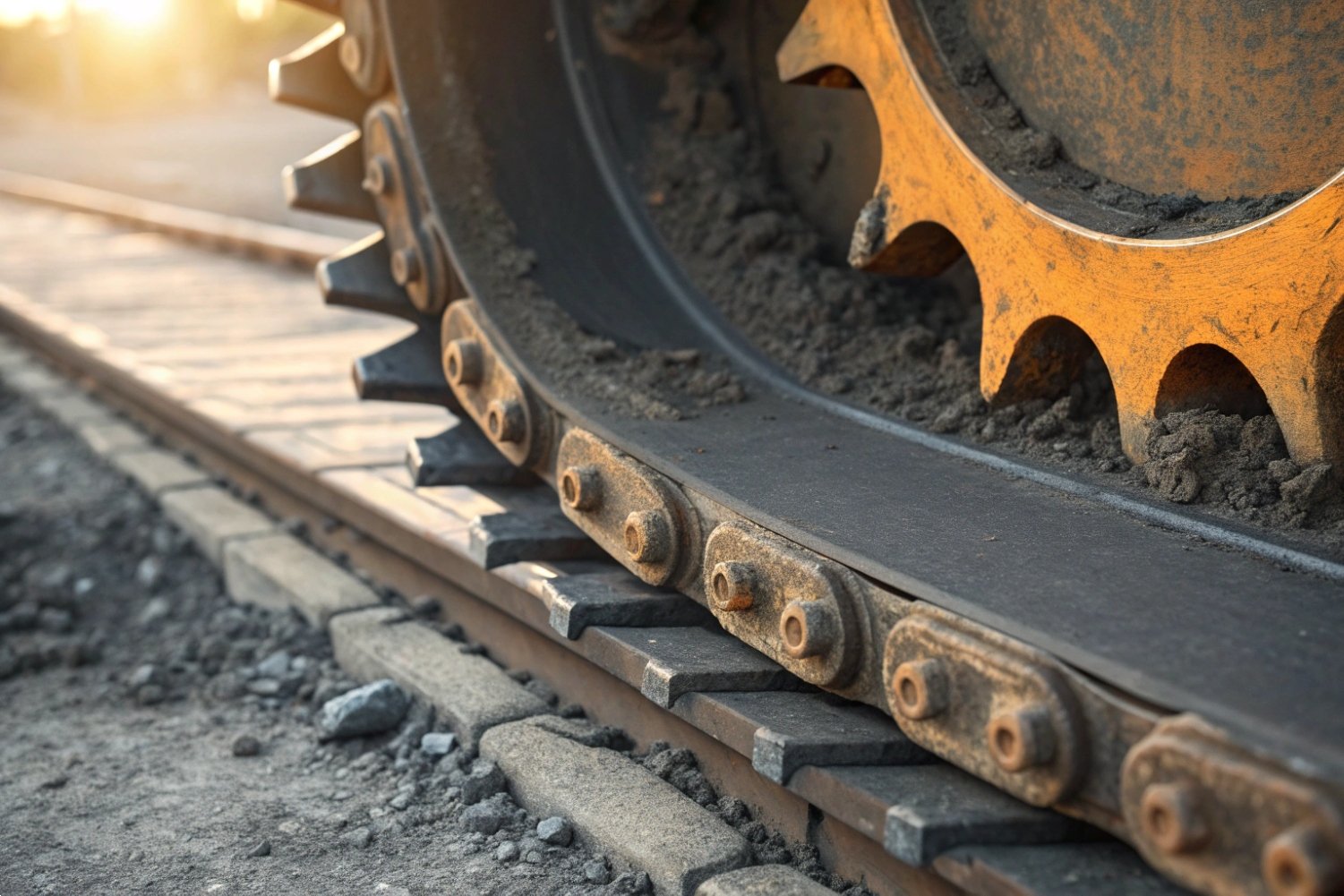 Sprocket and Track Engagement Close-up of a heavy-duty industrial drive sprocket engaging a steel crawler track chain.