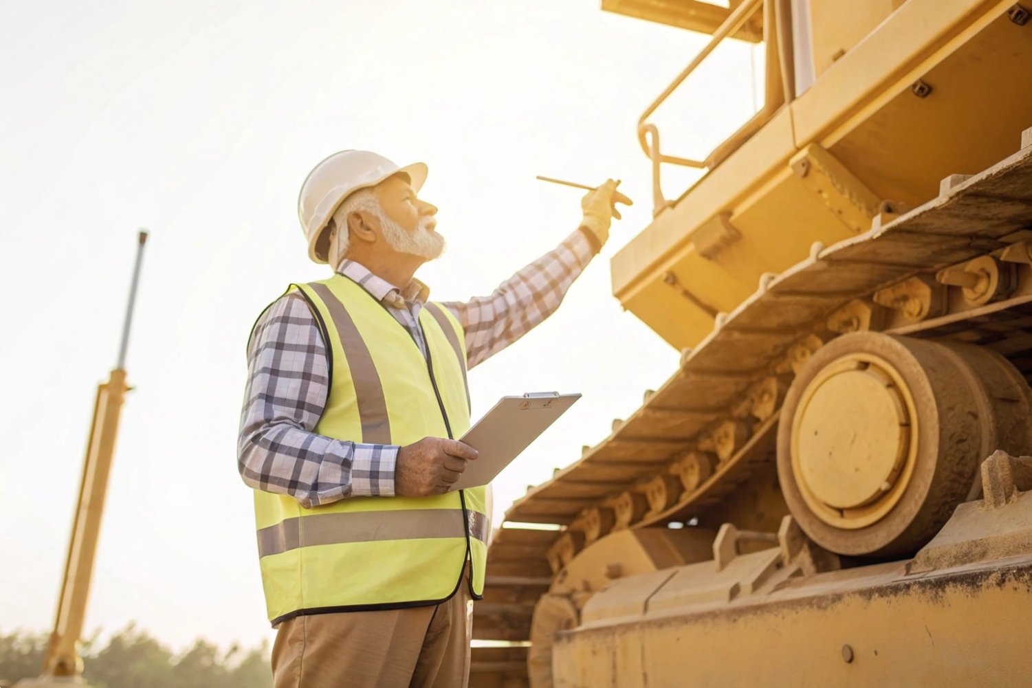 Machinery Safety Inspection Senior engineer in safety gear inspecting heavy machinery with a clipboard