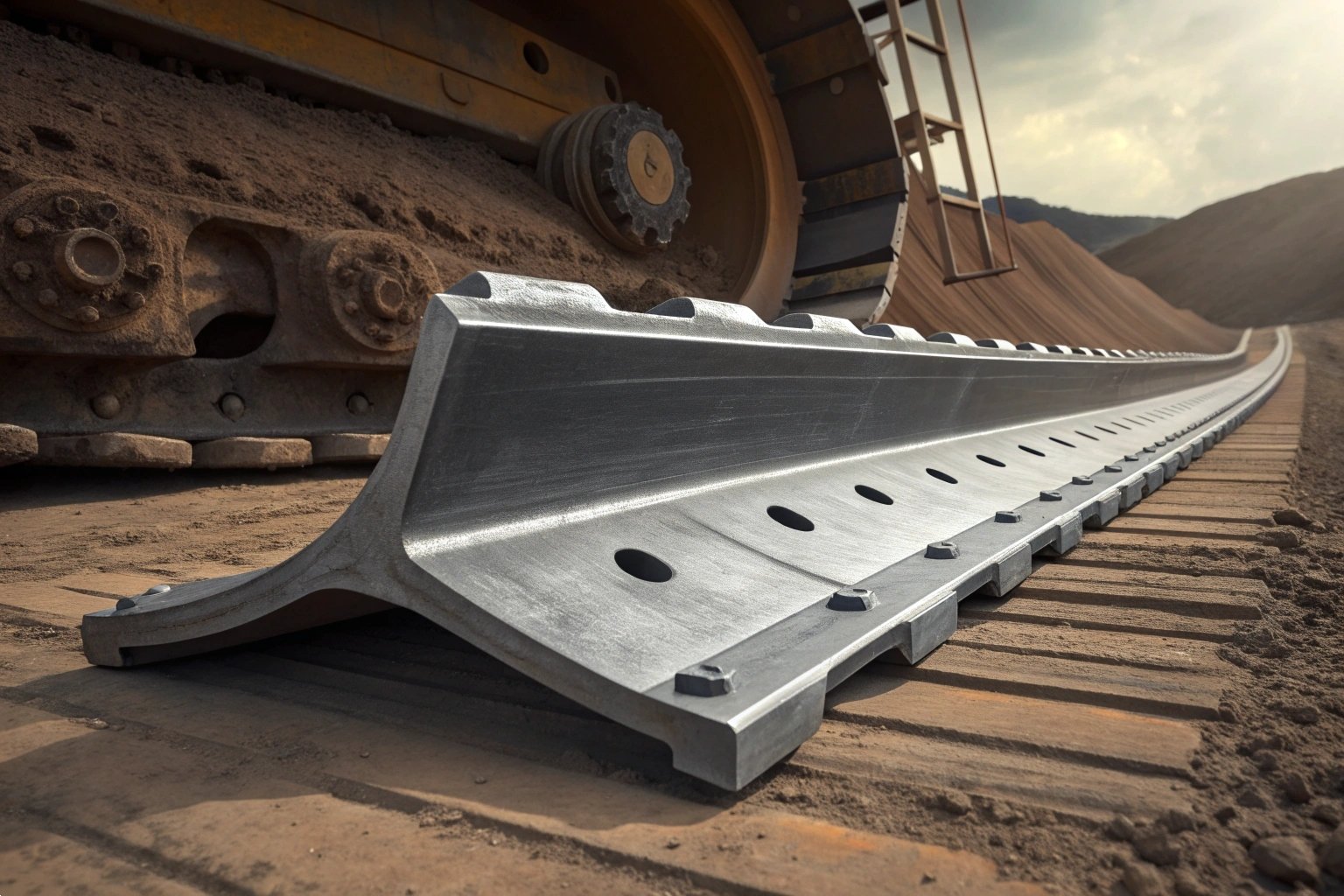 Excavator Track Shoe Component Durable steel excavator track shoe component displayed on a construction site with heavy equipment.