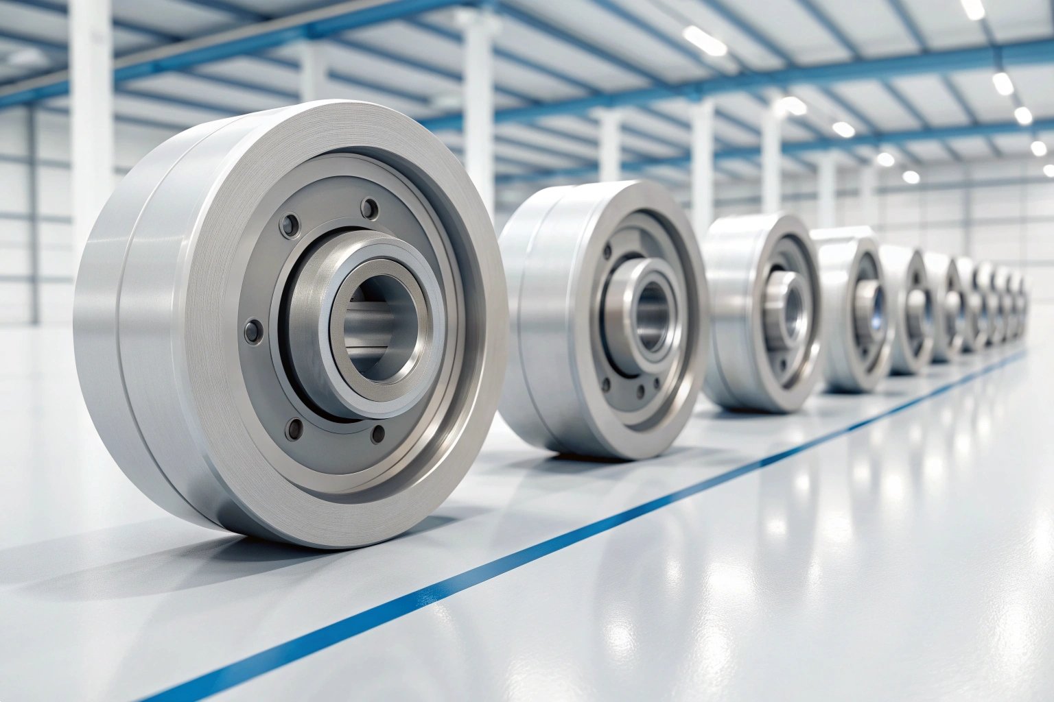 Machined Steel Machinery Rollers Precision machined steel rollers lined up on a factory floor for heavy machinery assembly.