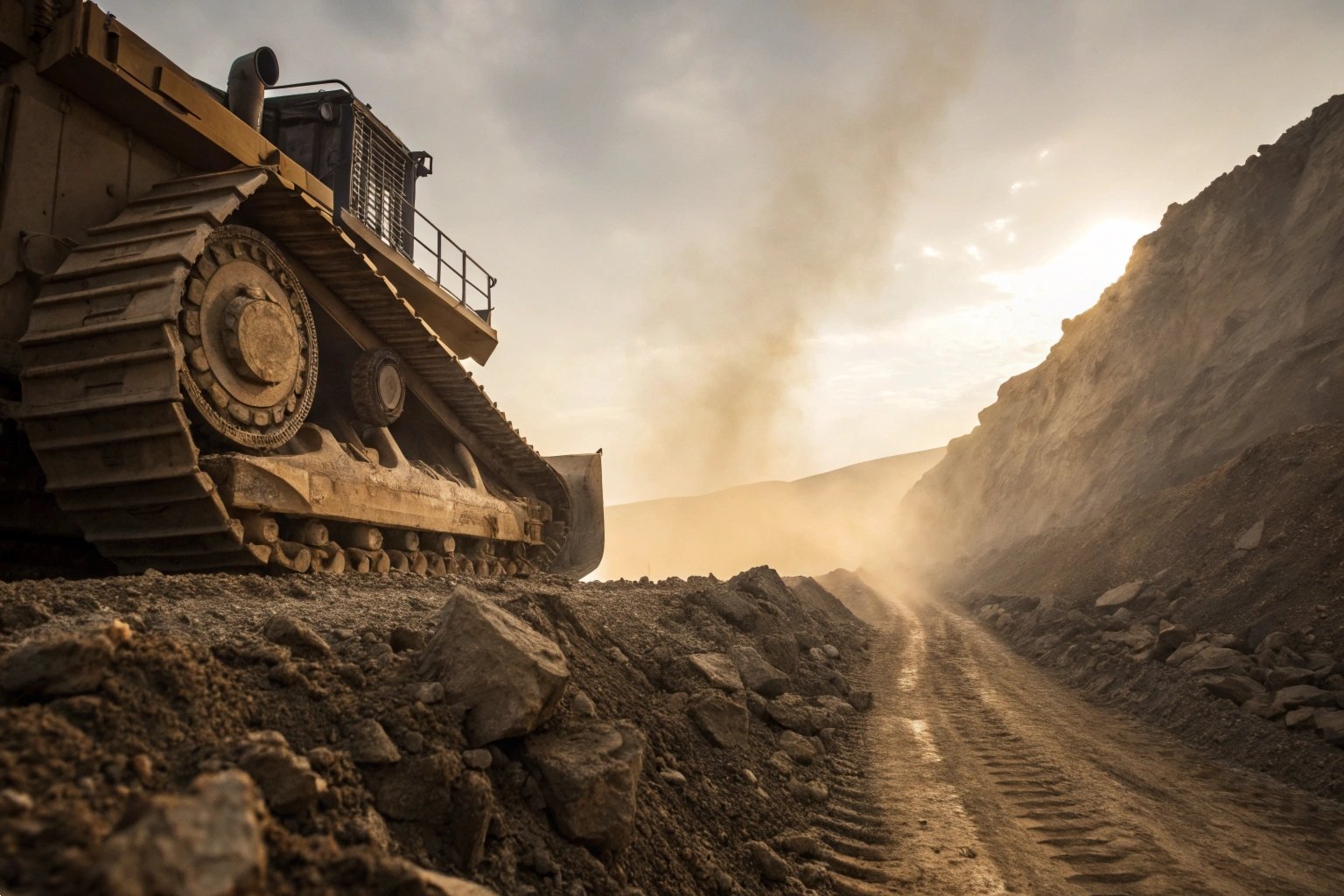 Bulldozer Earthmoving Operations Powerful bulldozer moving earth and rocks at a dusty construction site sunset.