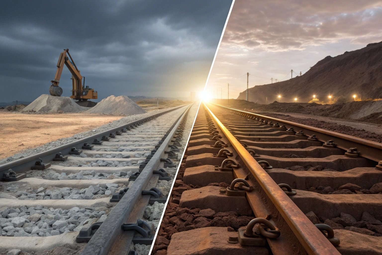 Railway Infrastructure Construction,heavy-duty railway track,railway construction,transportation infrastructure,rail engineering,railroad construction project Split view showing heavy-duty railway track construction and finished rail infrastructure projects.