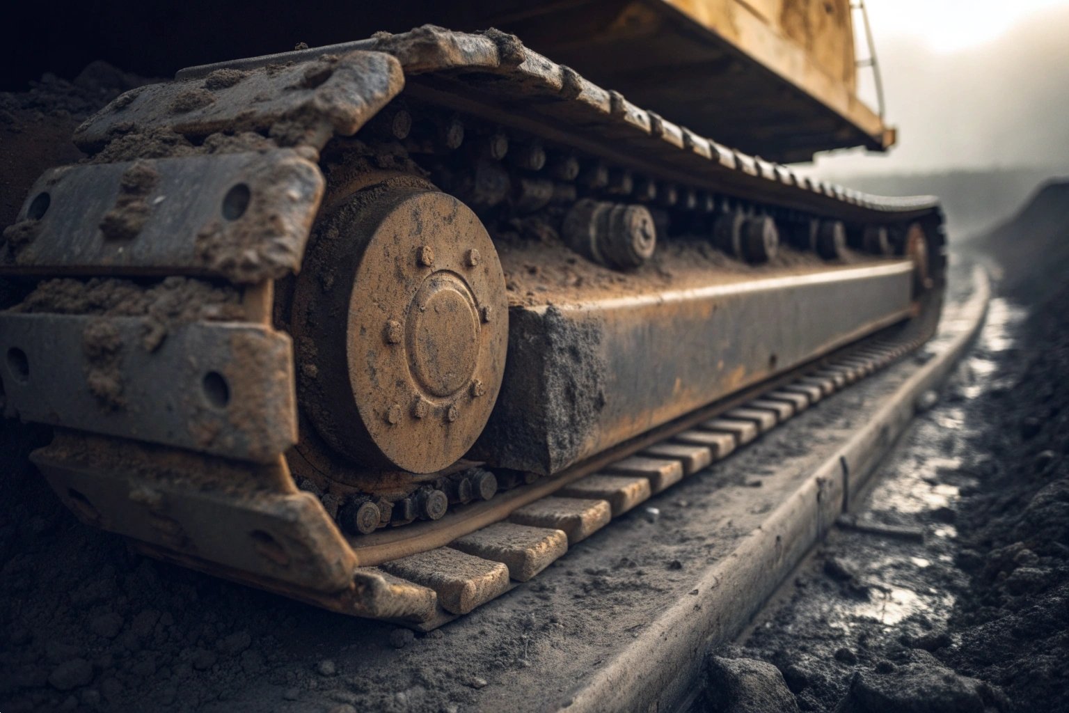 Muddy Excavator Track Undercarriage Close-up | Heavy-duty Excavator on Construction Site | Earthmoving Machinery Extreme close up of a muddy excavator track undercarriage on site.