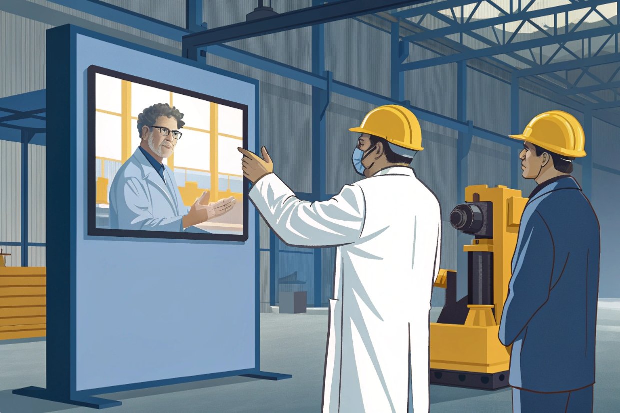 Virtual consultation Industry consultation via video call, modern communication in manufacturing.