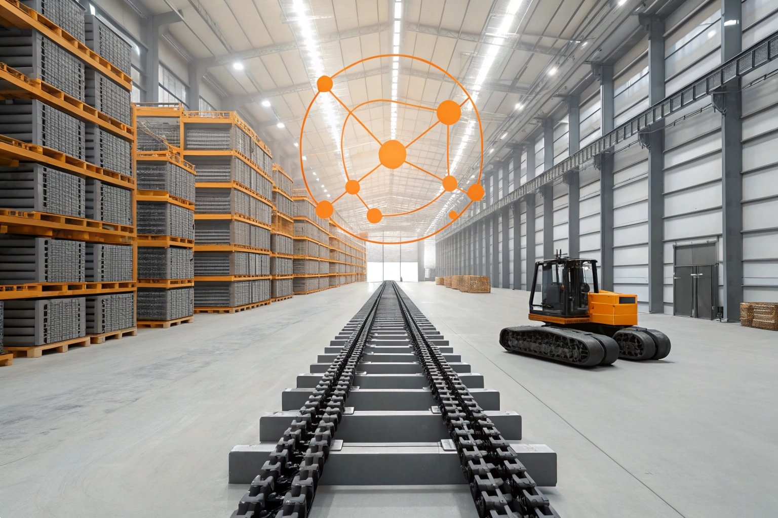 Supply Chain Large warehouse with industrial equipment, illuminated network concept overlay.