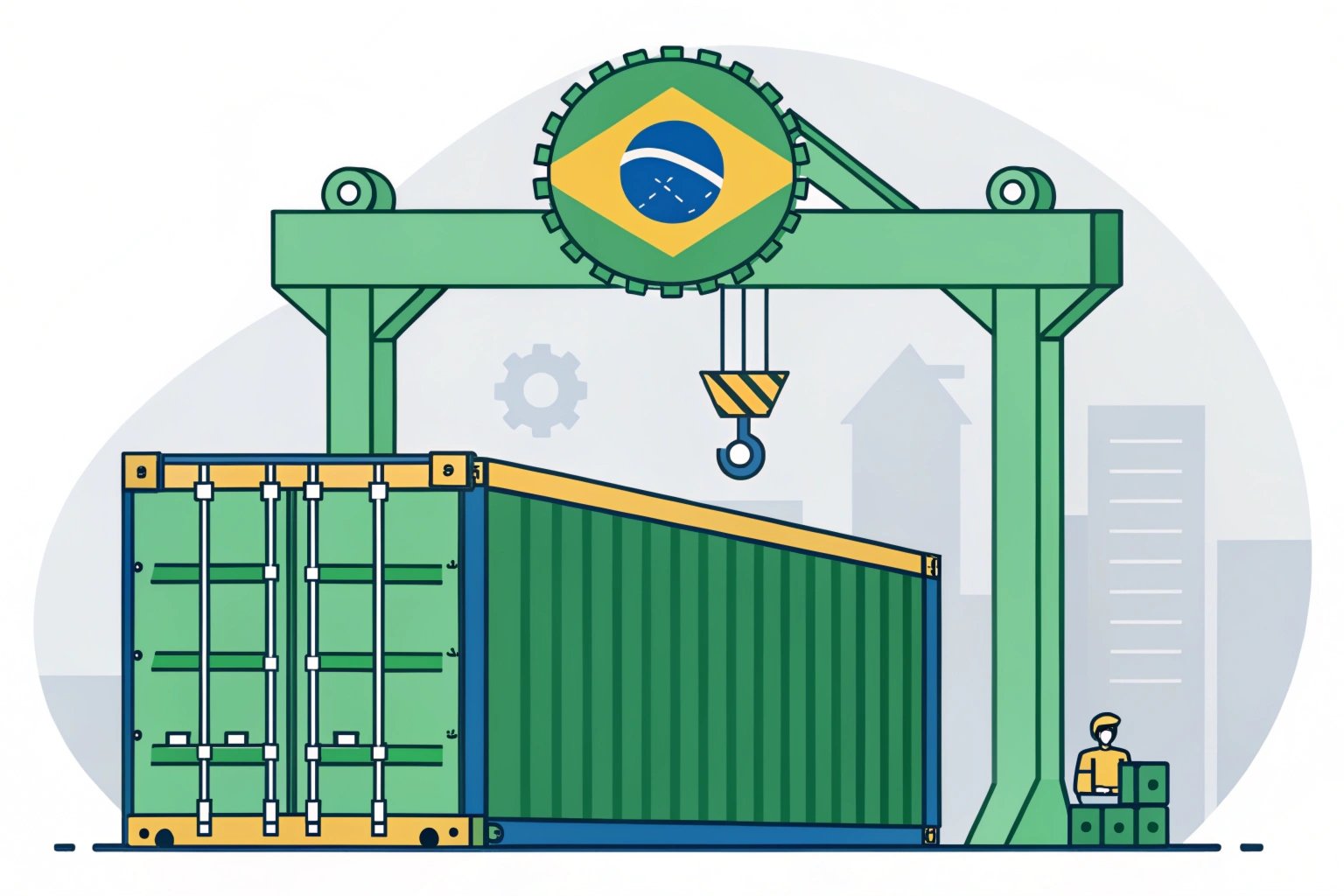 Export Design Illustration of a crane placing a shipping container under Brazilian emblem.