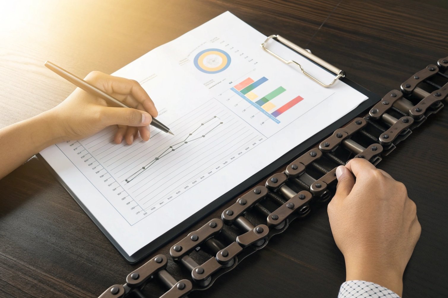 Market analysis Business analyzing charts with metal chains, showing industrial market trends.