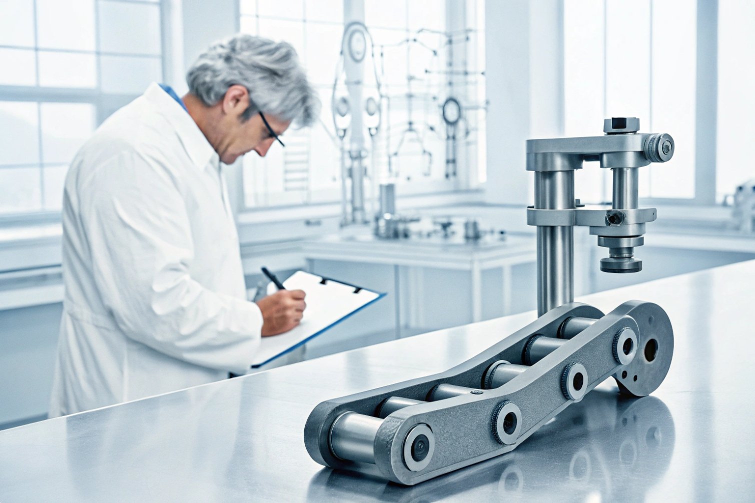 Chain analysis Technician analyzing chain in laboratory setting.