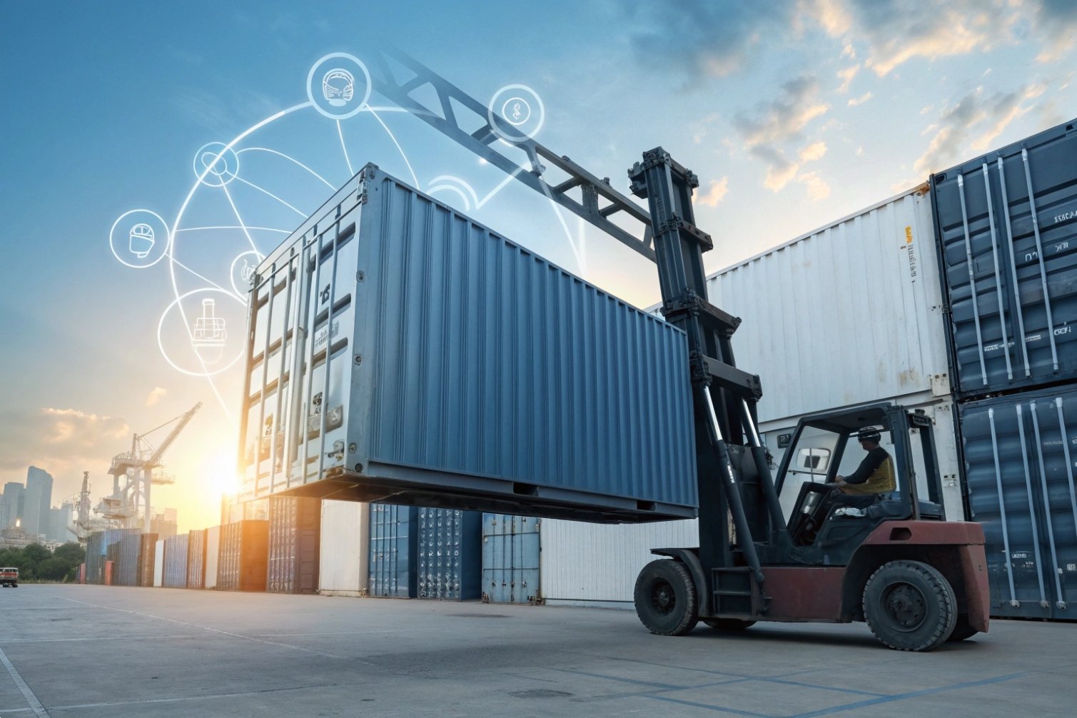 Container logistics Forklift moving shipping container at port.