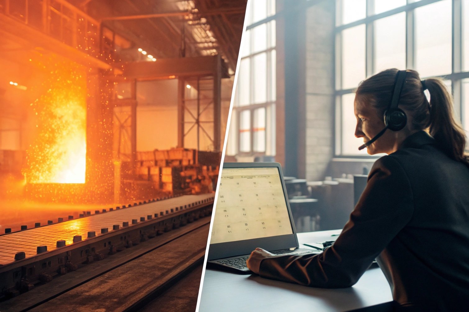 Industry Remote Industrial foundry and remote worker split screen image