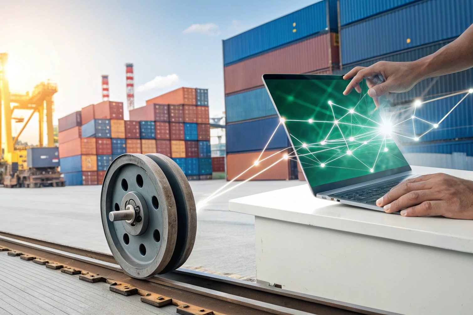 Logistics Tech Laptop connecting logistics in shipping yard