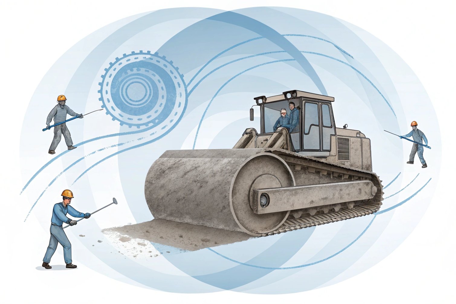 Road Construction Illustration of road roller and construction workers