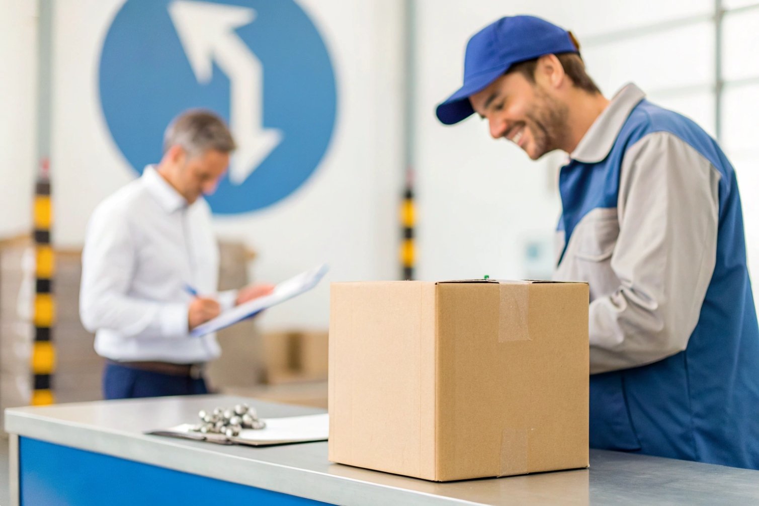 Package inspection Warehouse setting with two men, one blurred, inspecting a package box on a counter.